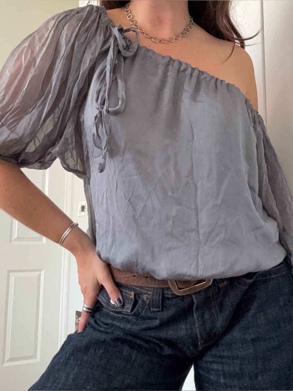 Ryu Slate Blue Off-Shoulder Puff Sleeve Top